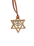laser gesneden bamboe hanger davidster met menorah met leren koord