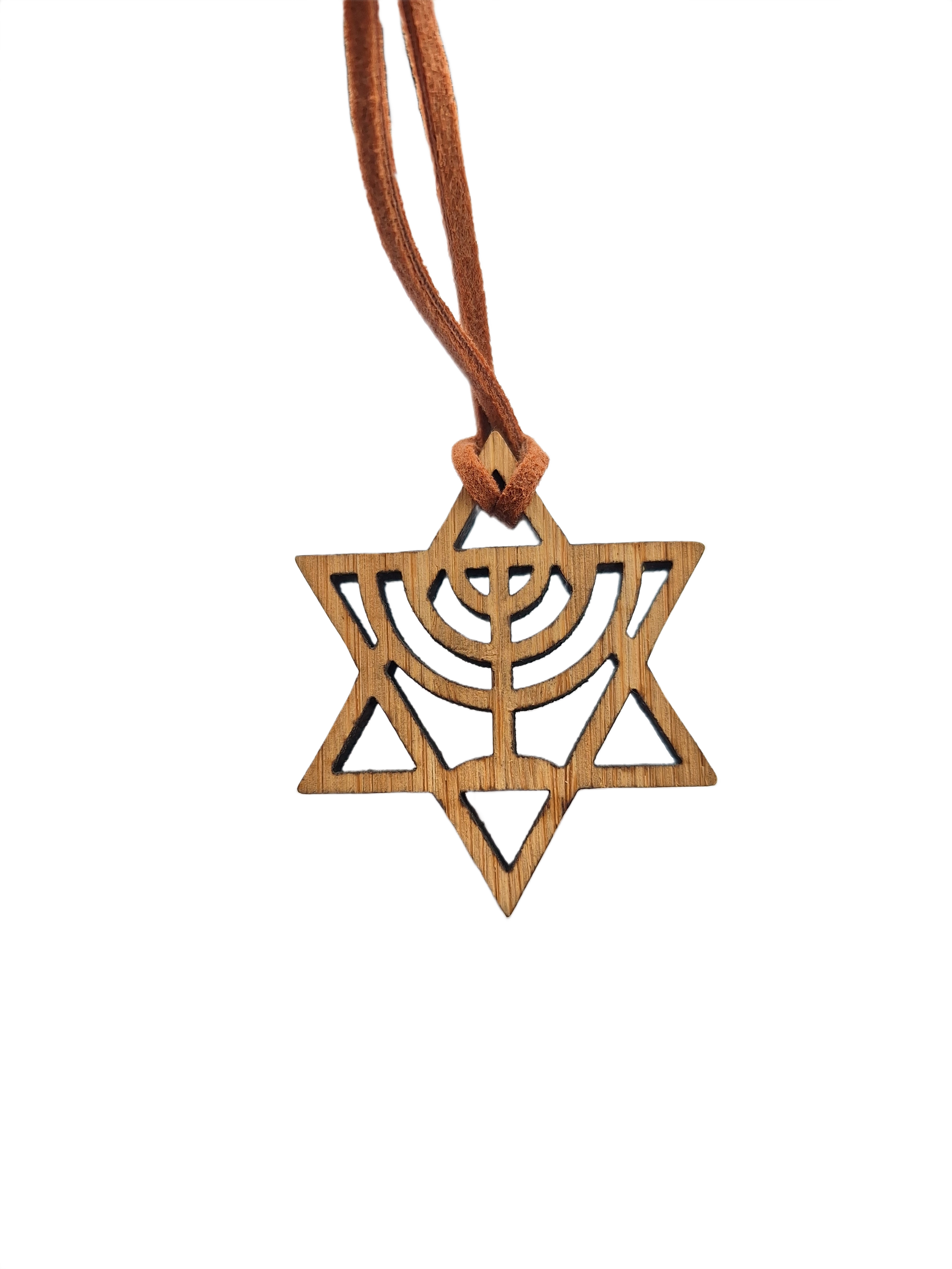 laser gesneden bamboe hanger davidster met menorah met leren koord