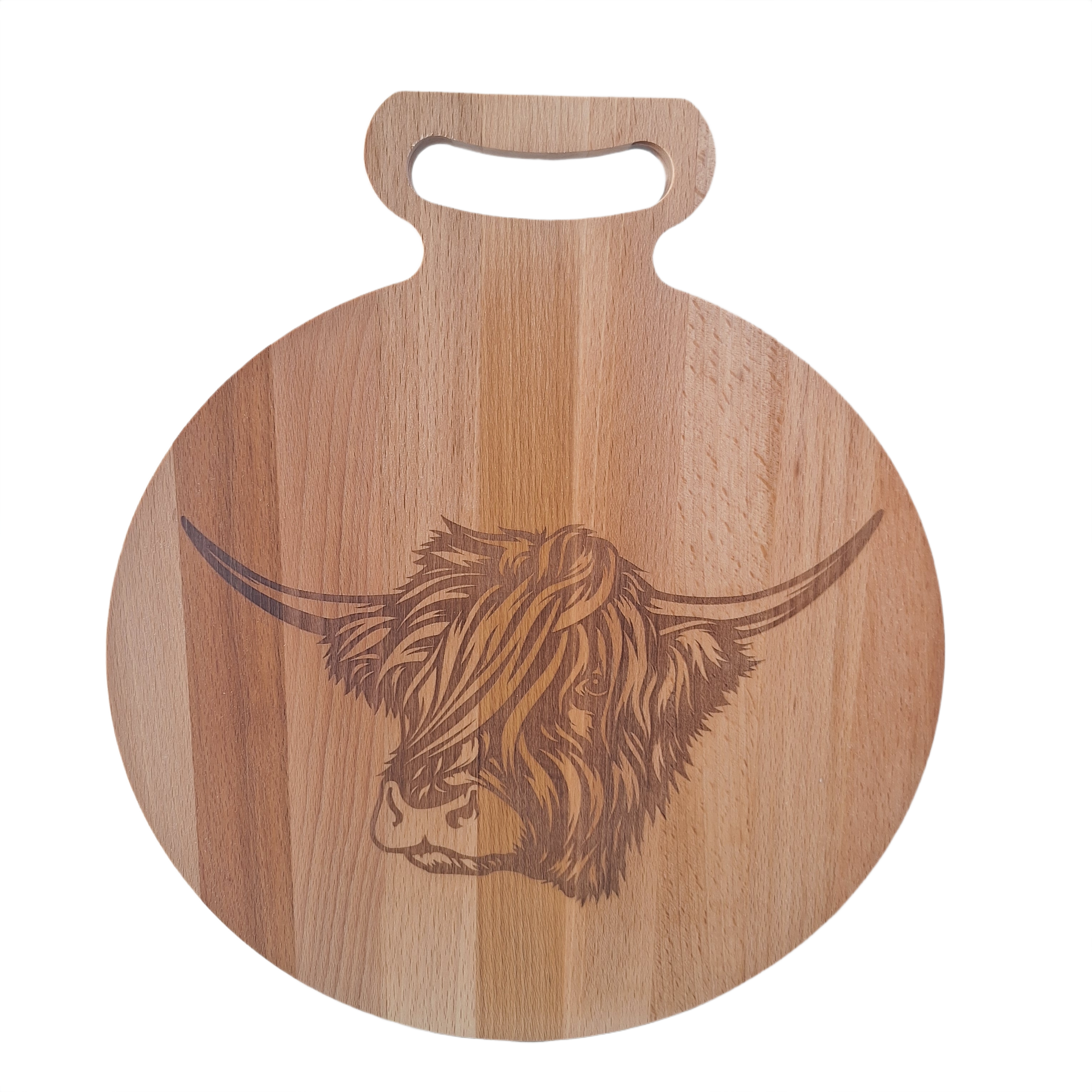 ronde borrelplank met hooglander erop gegraveerd